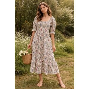 Meadows Floral Midi Dress Cottagecore Boho Ruffle Hem Puff Sleeve Romantic Sz 8